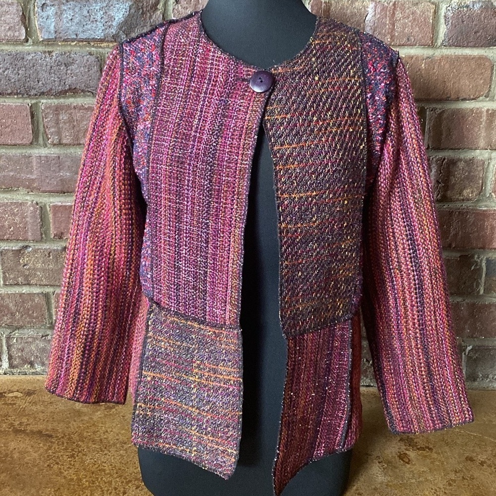 Coldwater Creek pink tweed and Boucle patchwork cardigan suit jacket